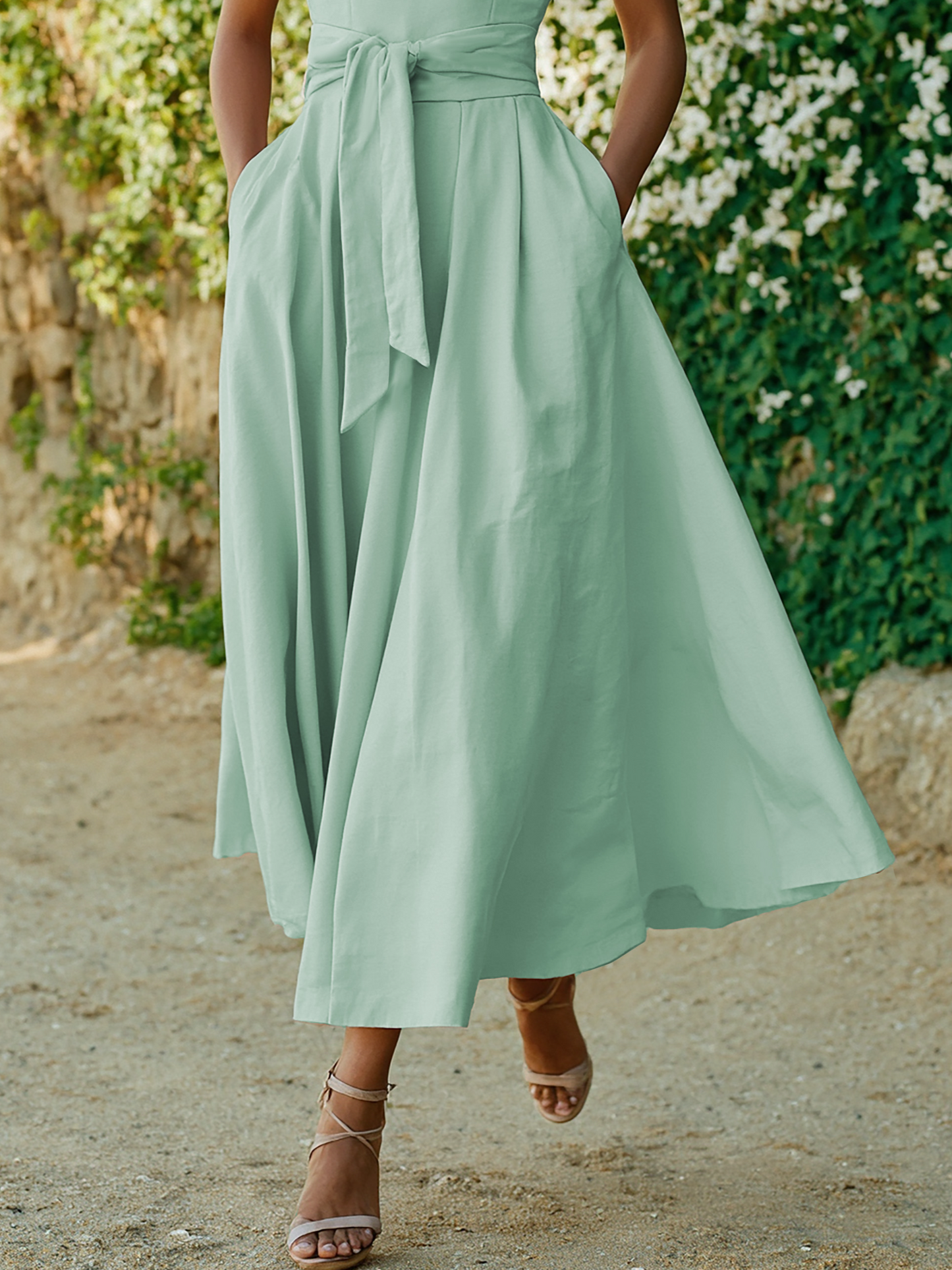 Maxi Cotton Dress , Sleeveless, One shoulder, Plain, Belt Design, Vintage, Light Pink