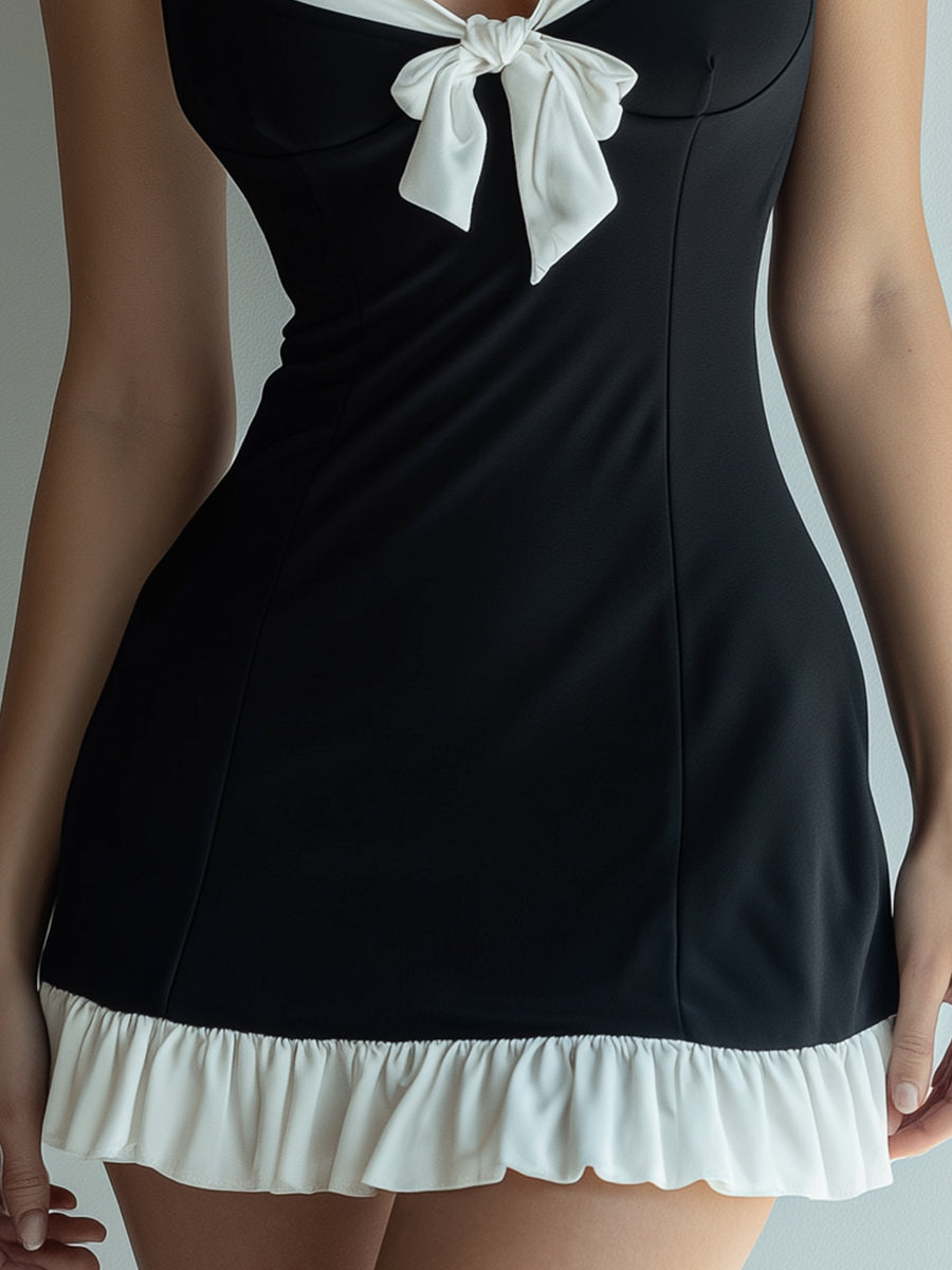 Black & Ivory Bow-Detail Sleeveless Mini Dress