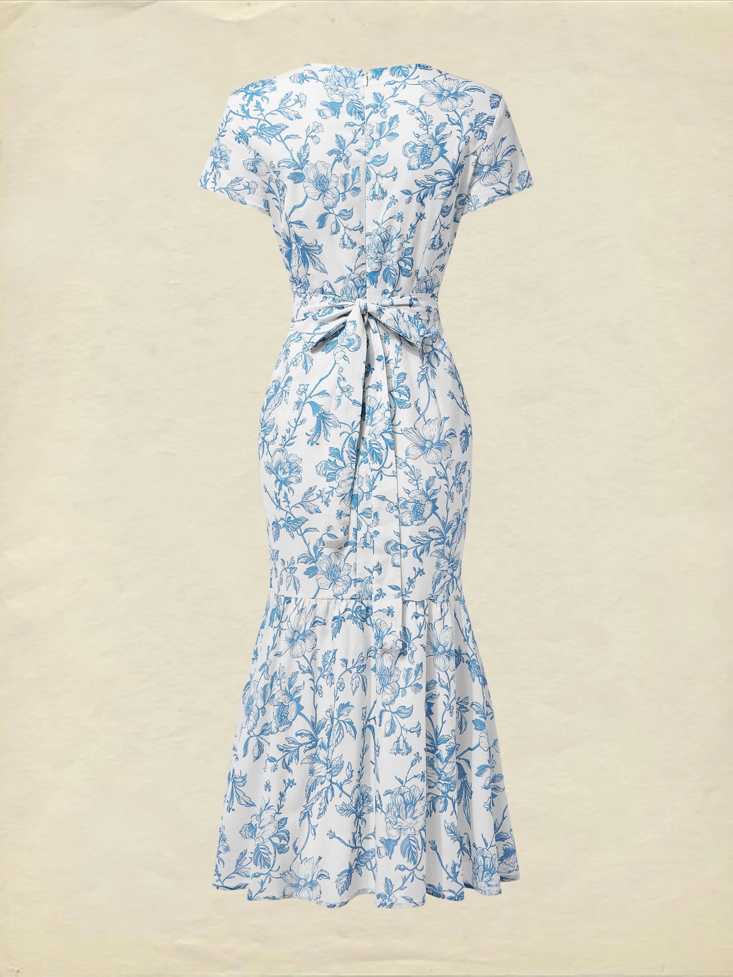 Midi Linen Dress, Short Sleeves, Sweetheart Neck, Floral, Ruffles, Vintage, Blue