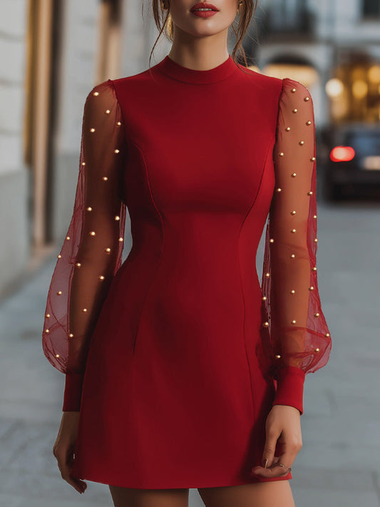 Elegant Mesh Sleeve Mini Dress With Pearl-Embellished