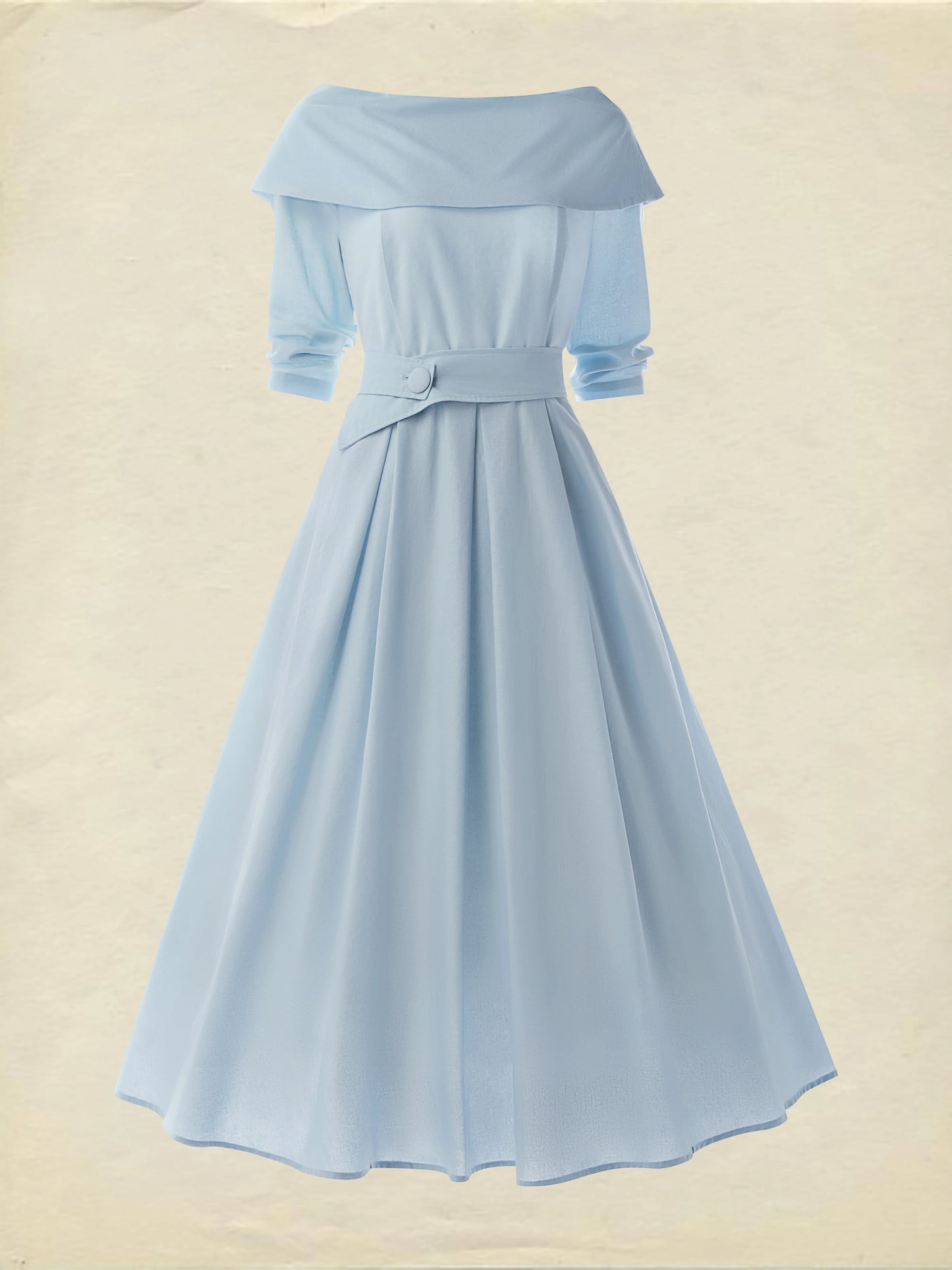 Midi Cotton Dress , Long Sleeves, Off Shoulder, Plain, Belt Design, French Vintage, Sky Blue