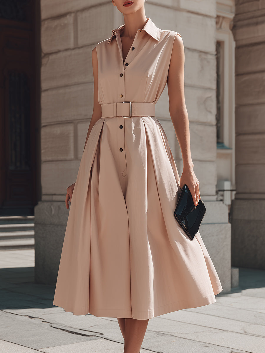 Sleeveless Belted Shirt Midi Dress