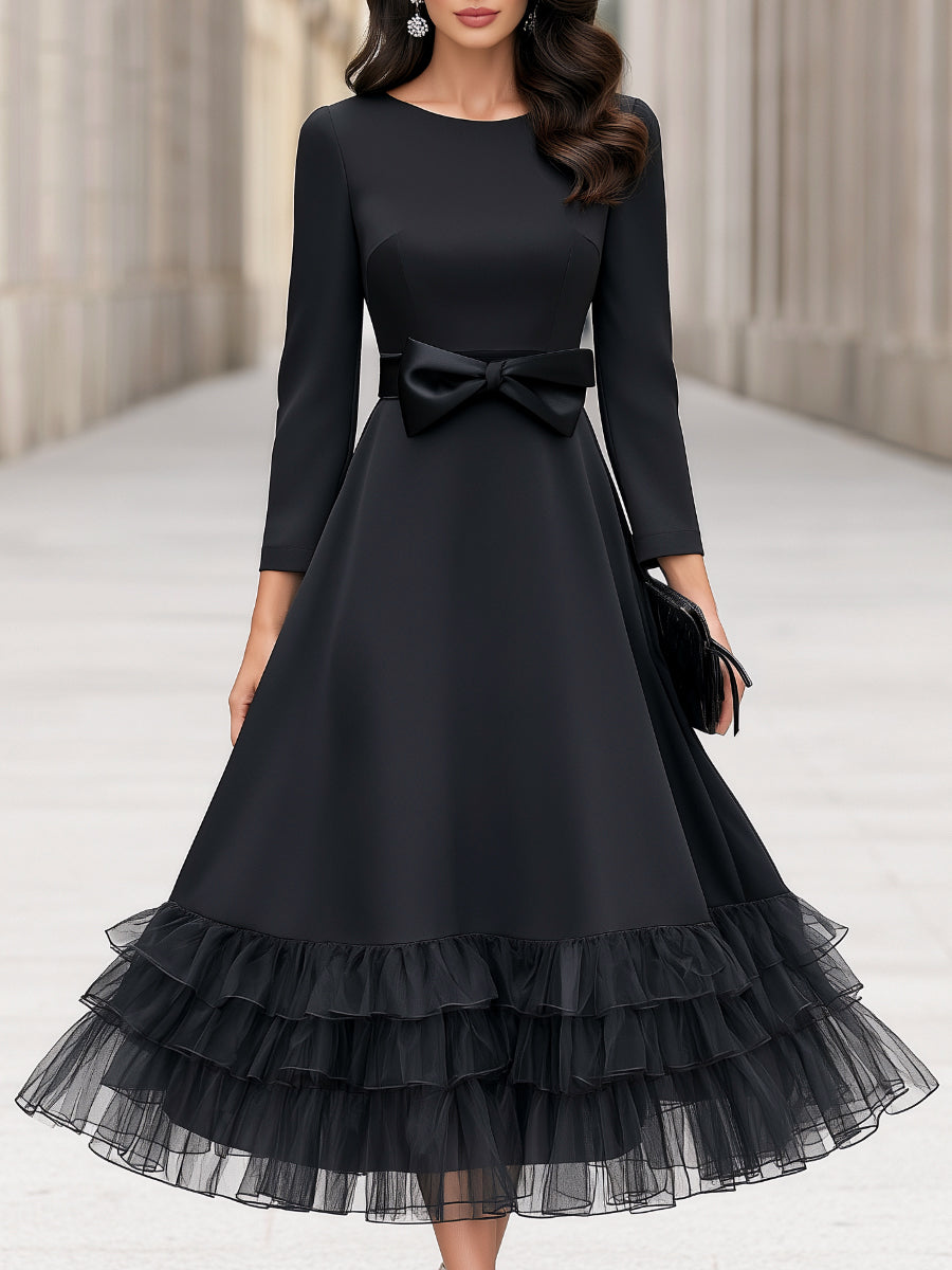 Bow Detail Layered Ruffled Full A-Line Midi Dress
