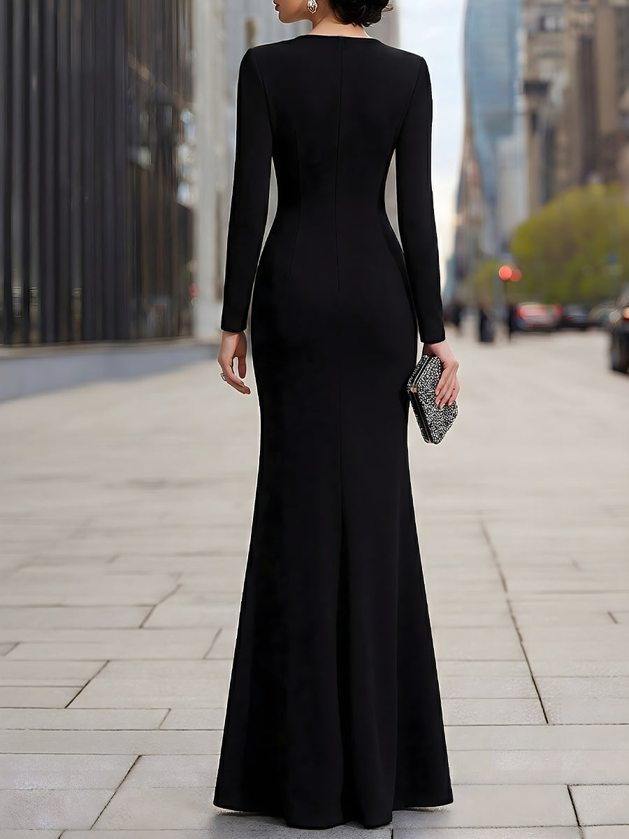Deep V Zip-Front Long Sleeve Maxi Dress