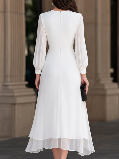 Gathered Waist Layered Draped Chiffon Midi Dress