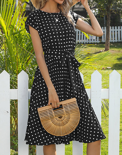 Mid-Length Dress Short Sleeve Lace-up Polka Dots Pleated Dress