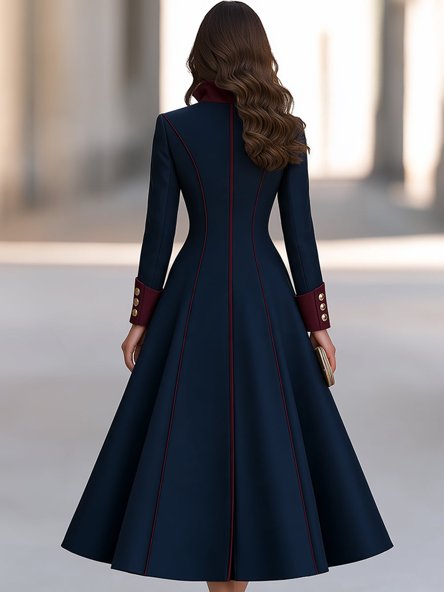 Women’s Vintage Burgundy Trim Navy Blue A-Line Wool Coat