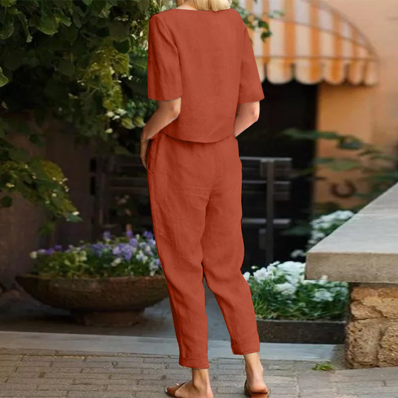 Plus Size Summer Fashion Solid Color Short-Sleeved Trousers Two-Piece Suit (Including Belt)