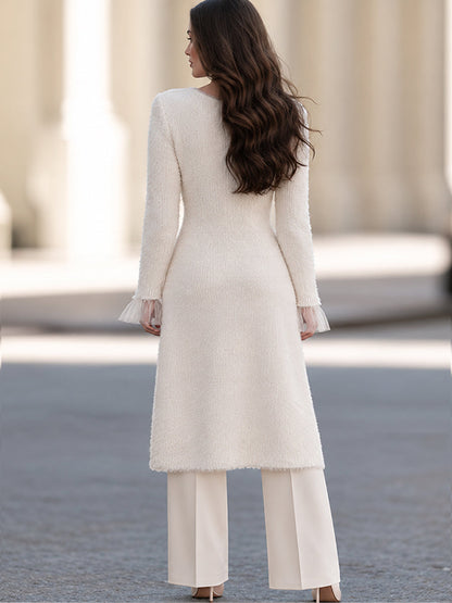 Elegant Ivory Fuzzy Knit Pearl Button Long Sleeve Midi Cardigan