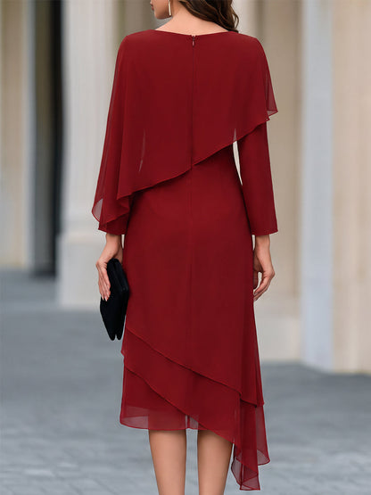 Cape-Style Chiffon Overlay Draped Midi Dress