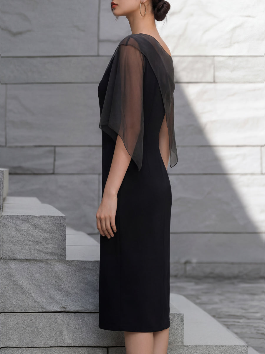 Sheer Overlay Asymmetrical One-Shoulder Midi Dress