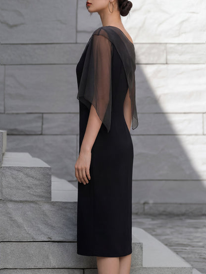 Sheer Overlay Asymmetrical One-Shoulder Midi Dress