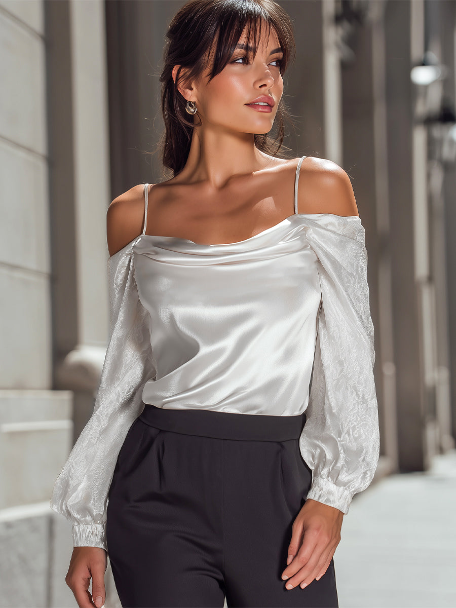 Off-Shoulder Satin Blouse With Textured Sleeves