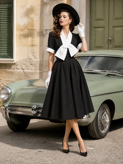 1950s Vintage Black Bow-Neck Belted Midi Dress