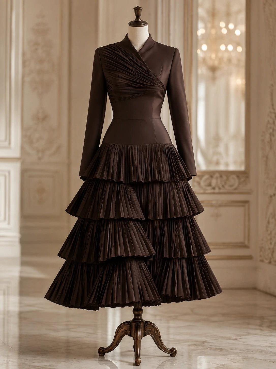 Brown Pleated Wrap Bodice Tiered Ruffle Midi Dress – Office to Dinner Elegant Workwear