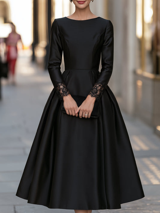 Lace Cuff Long Sleeve Pleated A-Line Midi Dress