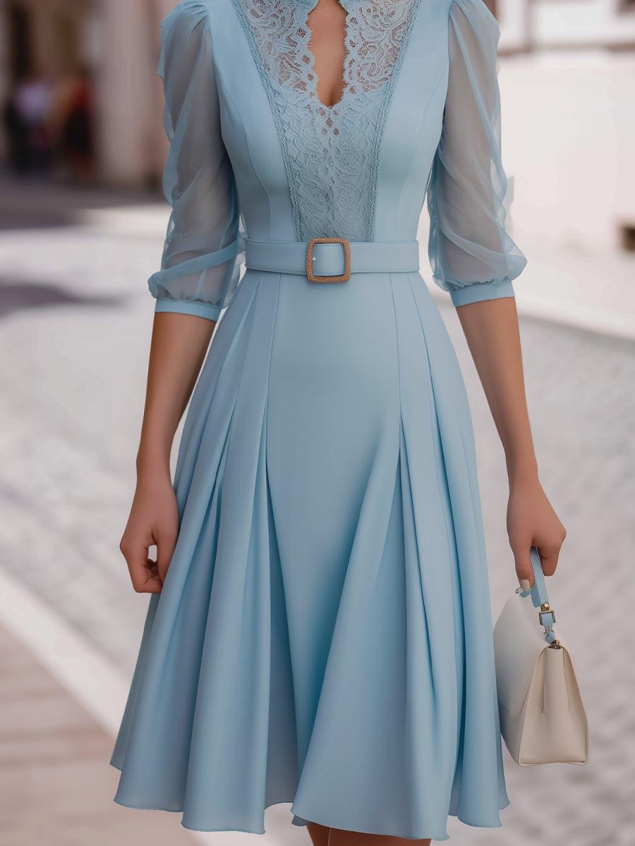 Lace Panel Belted Midi Dress With Sheer Puff Sleeves