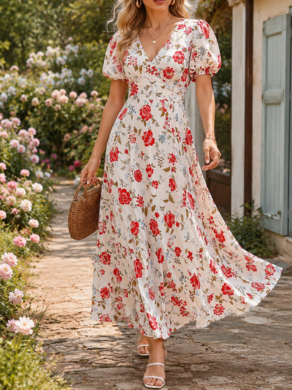 Red Floral V-Neck Puff Sleeve Maxi Dress