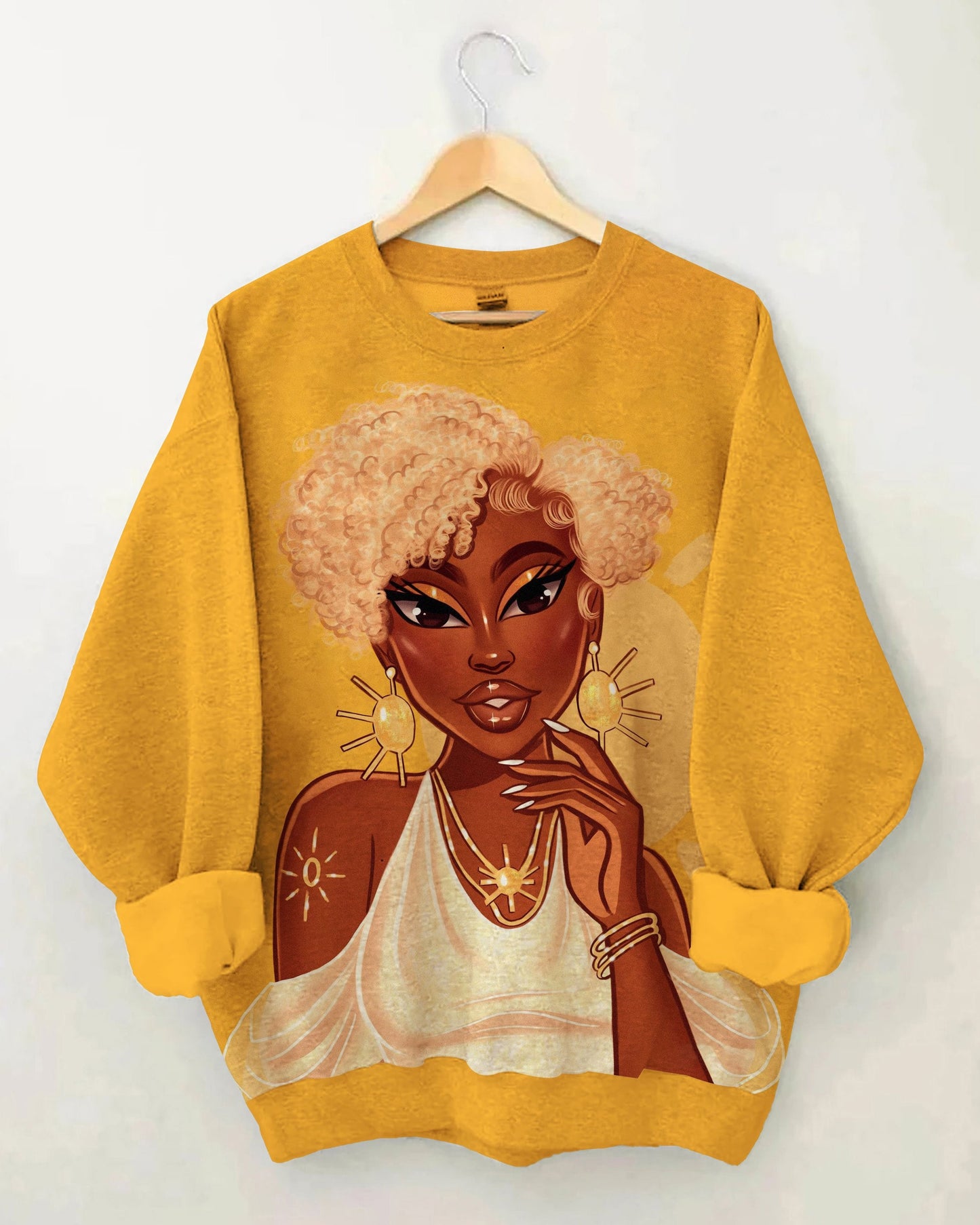 Silver Afro Cartoon Brown Girl Long Sleeve Sweatshirt