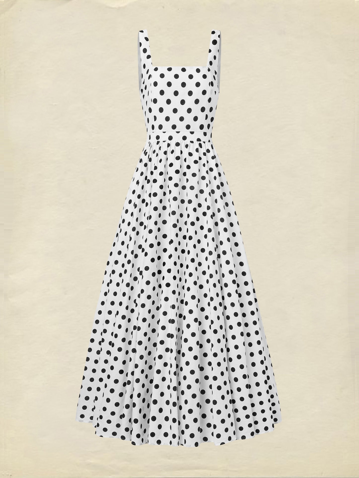 Maxi Cotton Dress , Sleeveless, Square Neck, Polka Dots, Suspenders, Vintage, White