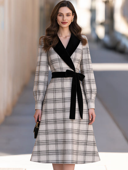 Plaid Wrap Midi Dress with Velvet Collar and Tie Belt