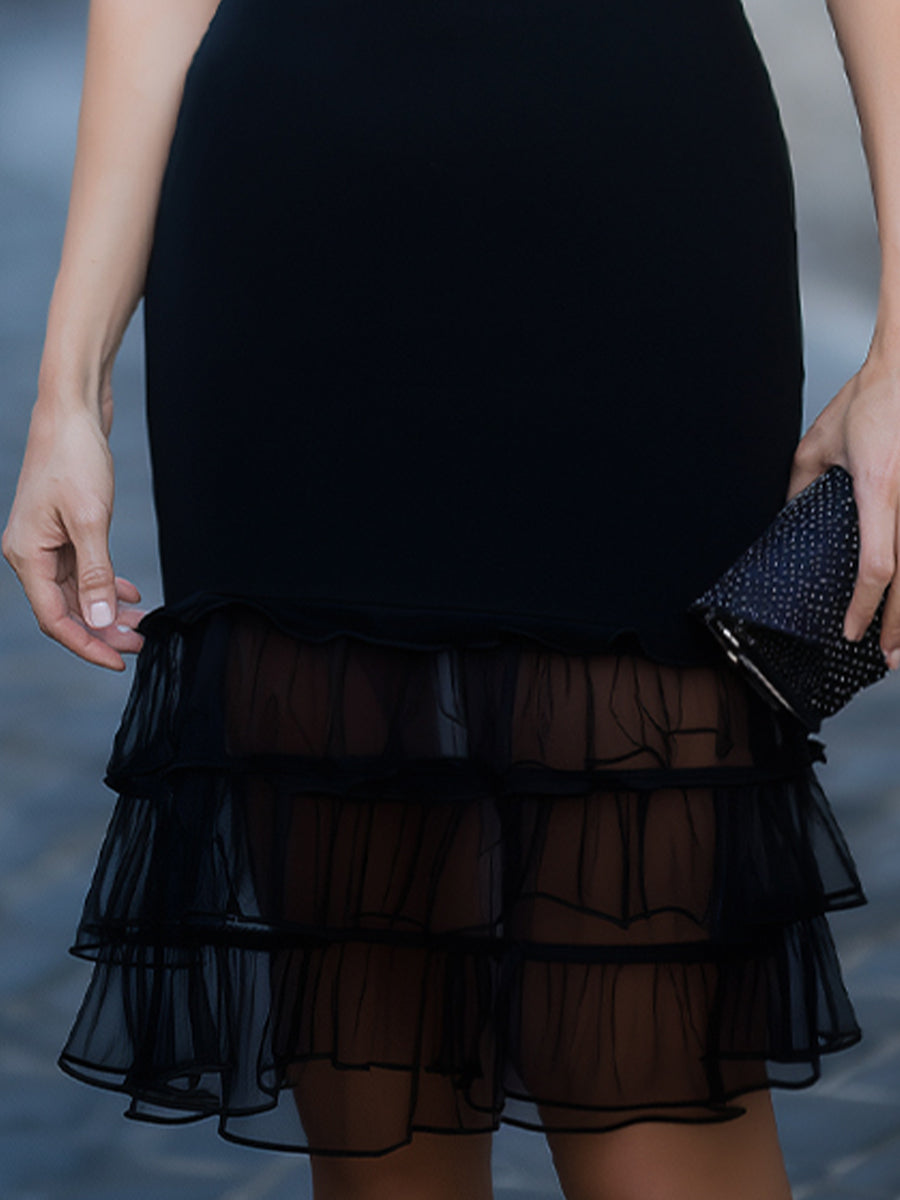 Elegant Mock-Neck Sheer Puff Sleeve Ruffle Hem Mini Dress