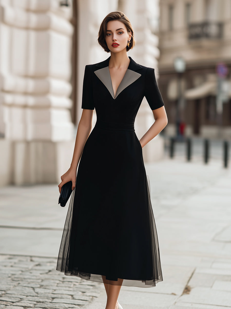 Silver-Trimmed Lapel Midi Dress
