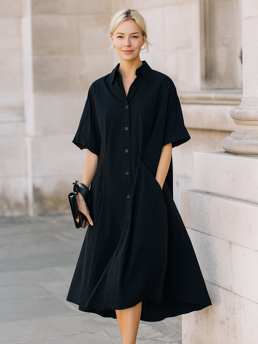 Button-Front Short Sleeve Midi Shirt Dress