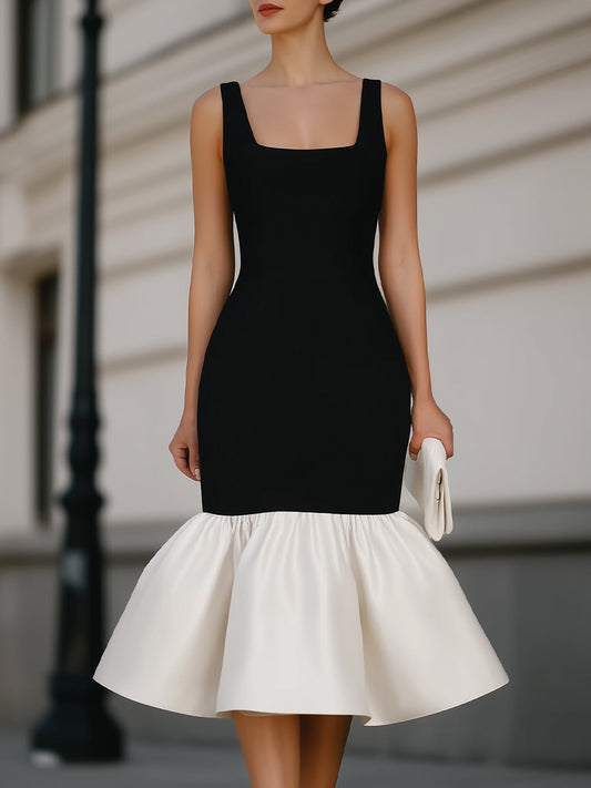 Square Neck Sleeveless Ruffle Hem Midi Dress