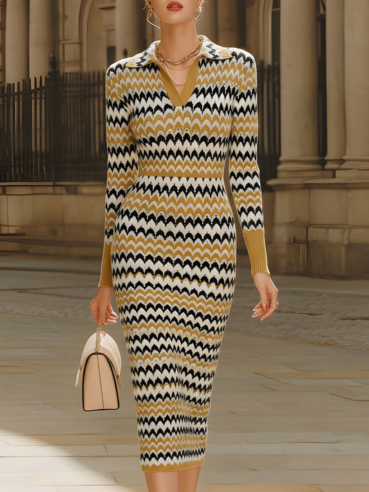 Retro Chevron Print Polo Collar Knit Midi Dress