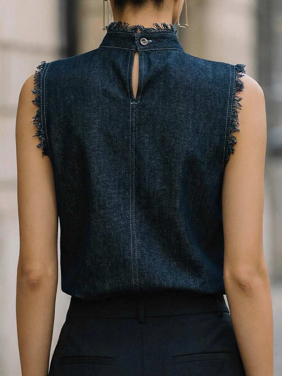 Sleeveless Fringe-Trim Denim Top