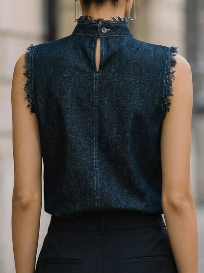 Sleeveless Fringe-Trim Denim Top