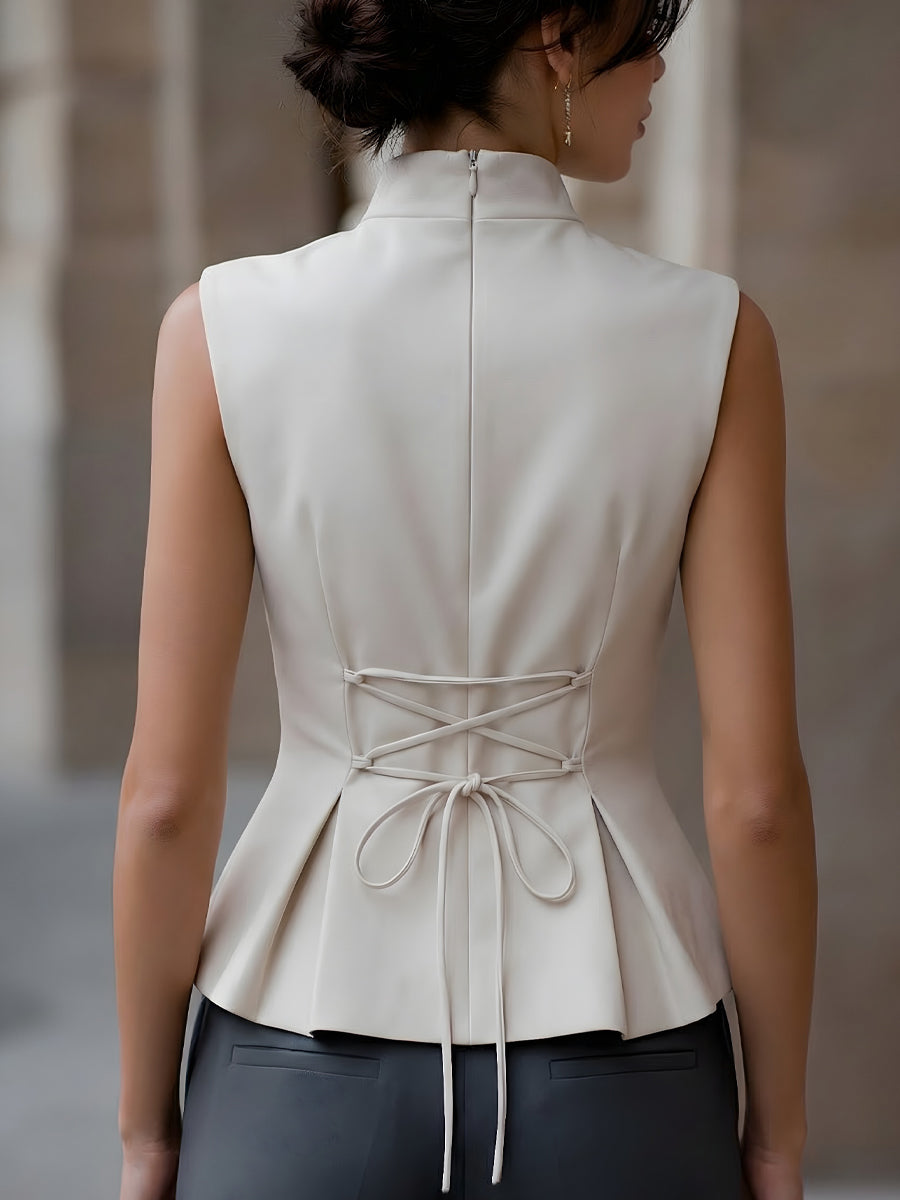 Sleeveless High-Neck Flared Hem Tailored Blouse