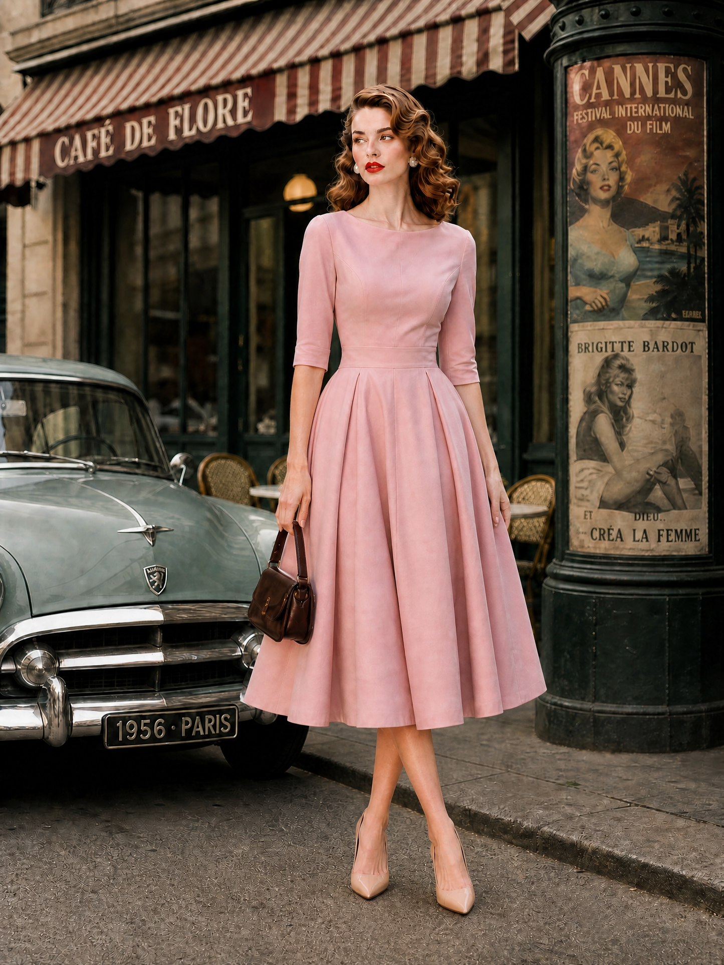 1950s Retro Audrey-Style Pink Swing Midi Dress