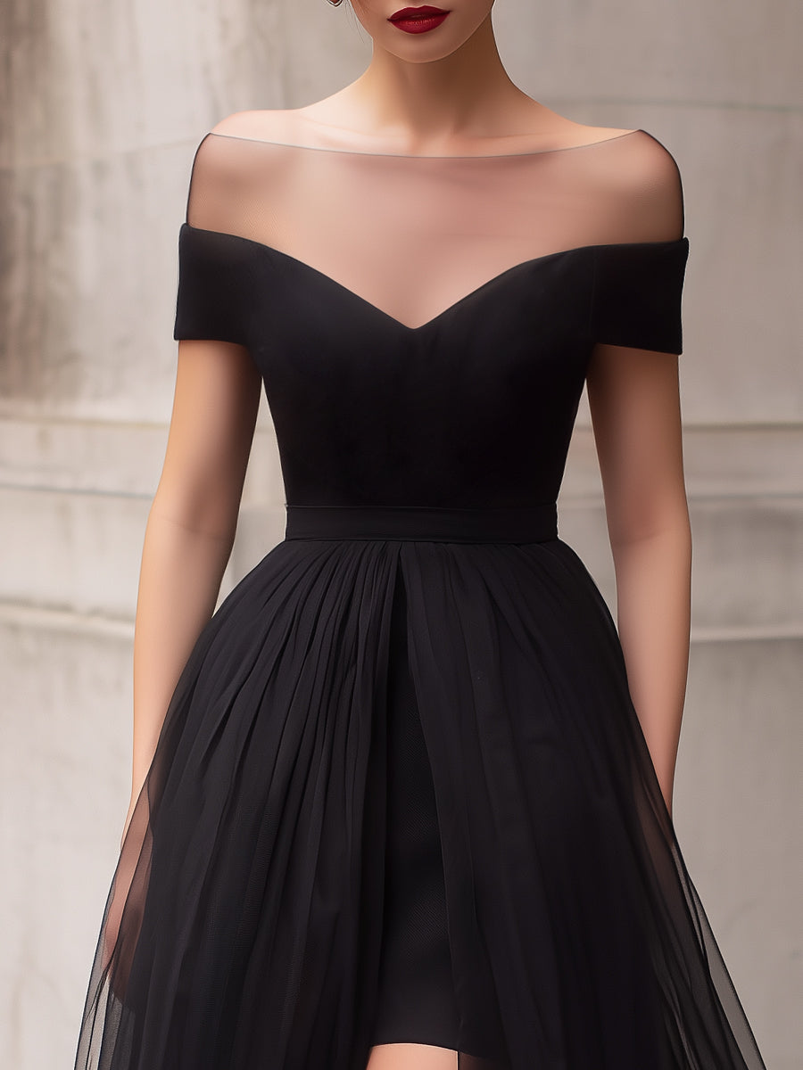 Off-Shoulder Sheer Illusion Tulle Midi Dress