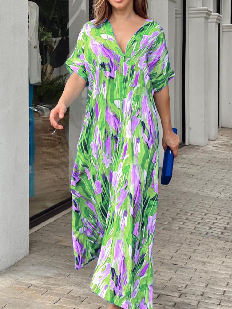 High Waist Printed Short Sleeve V-neck Maxi Boho Dress