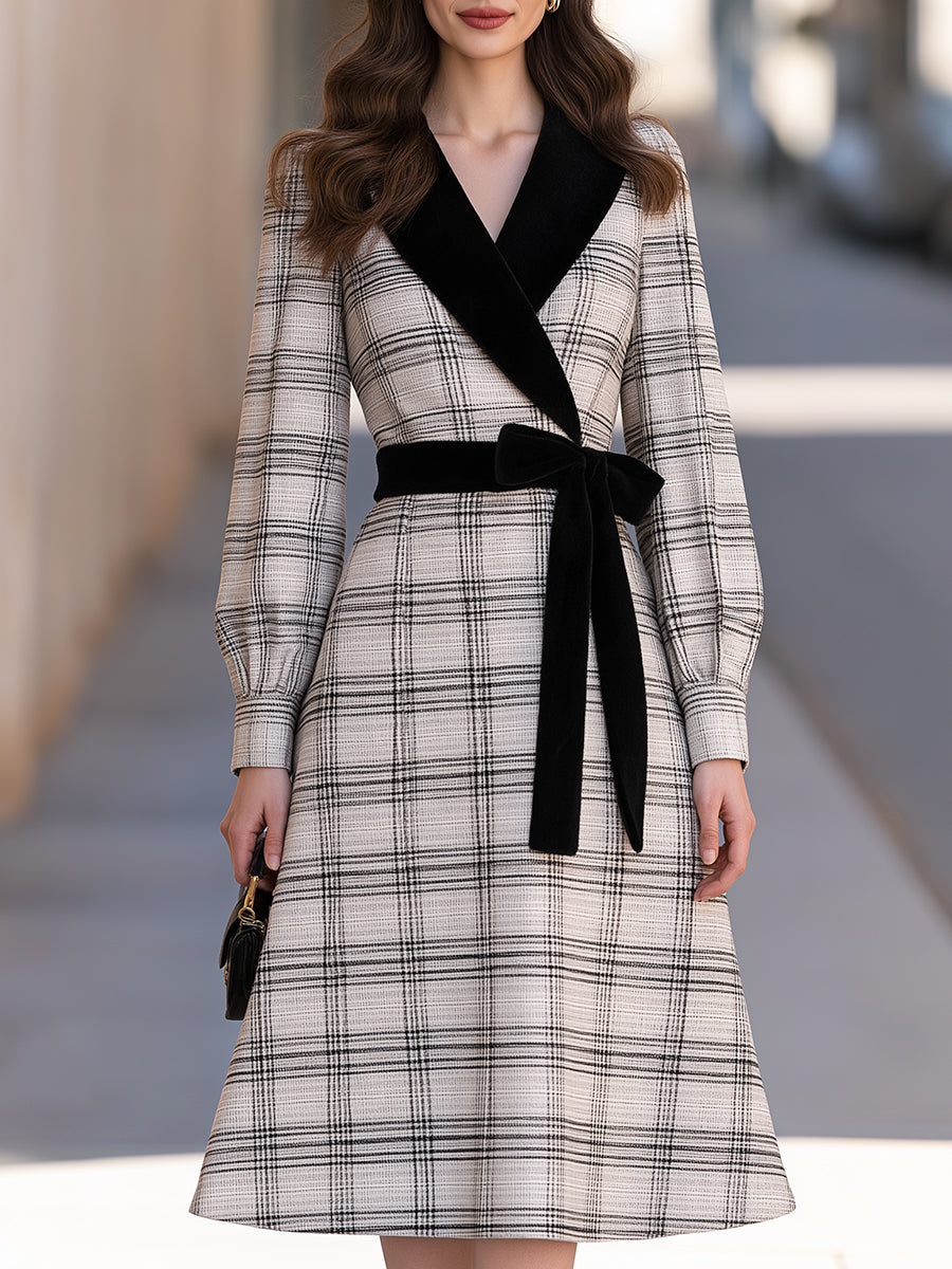 Plaid Wrap Midi Dress with Velvet Collar and Tie Belt