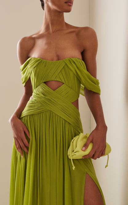 Pleated Chiffon Off-The-Shoulder Gown