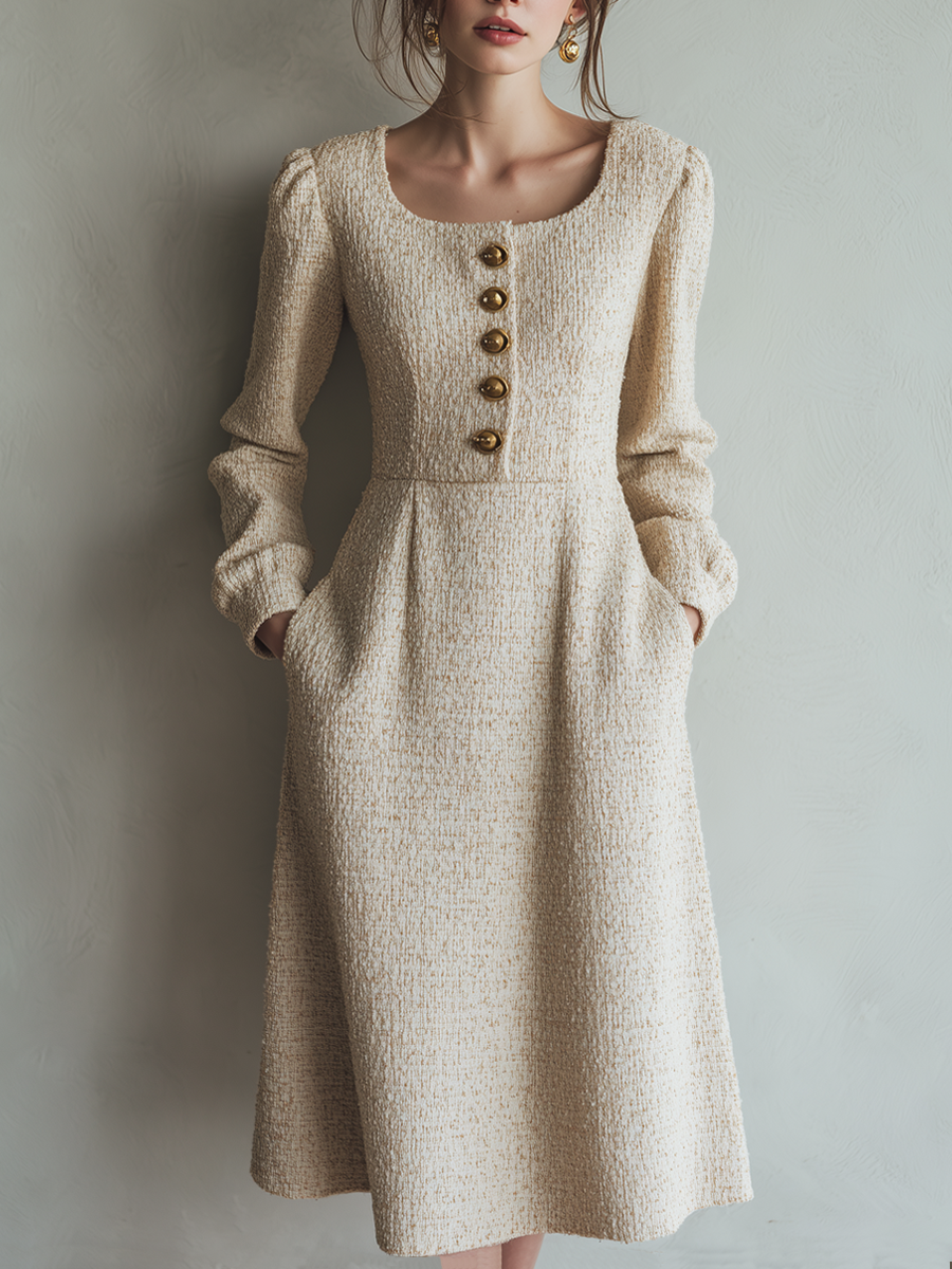 Vintage Tweed Button Long Sleeve Midi Dress