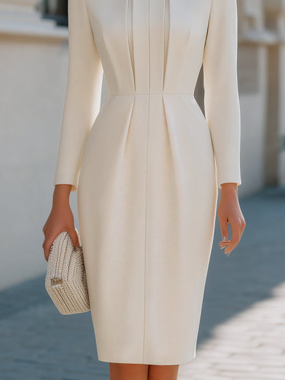 Elegant Long Sleeve Pleated Front Midi Dress