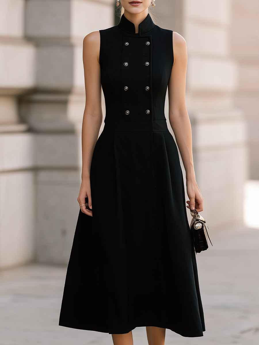 Black Sleeveless Mandarin-Collar Double-Breasted Midi Dress