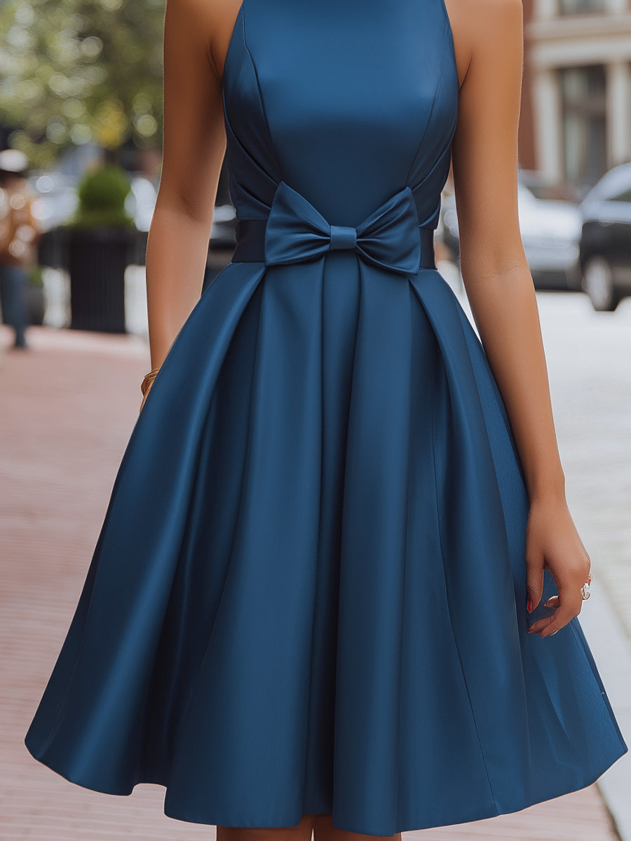 High-Neck Bow-Waist A-Line Midi Dress