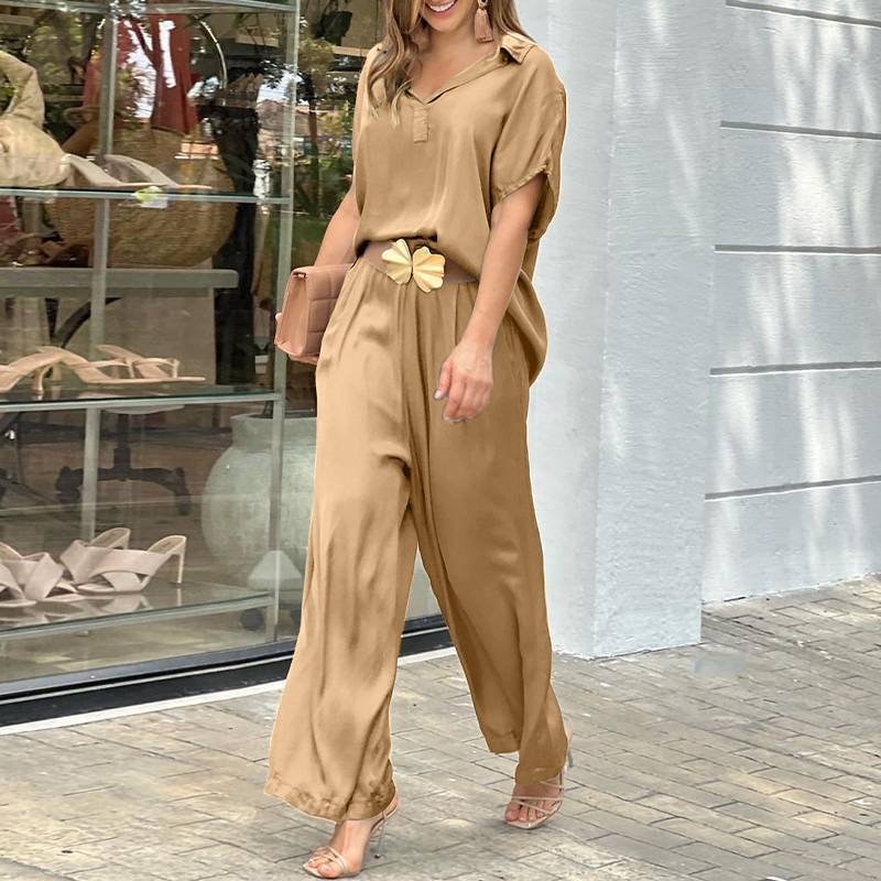 Plus Size Summer Fashion Casual Solid Color and V-neck Wide Leg Pants Two-Piece Suit