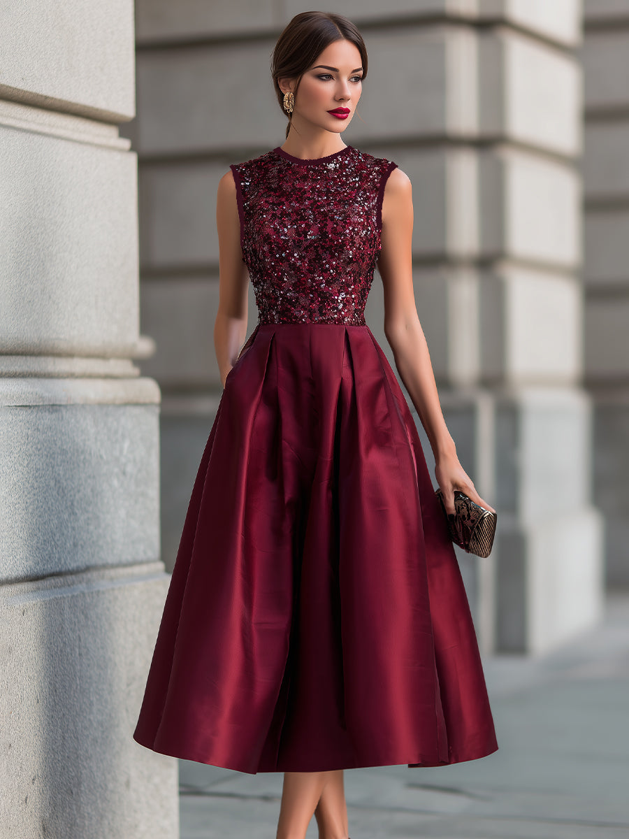 Embellished Sleeveless Pleated Midi Dress