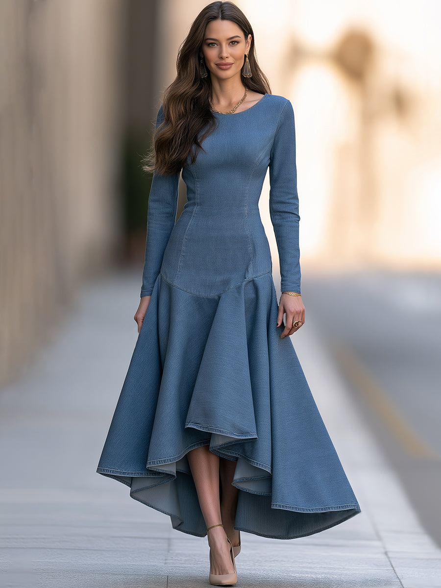 Elegant Blue Denim Long Sleeve Asymmetrical Ruffle Hem Midi Dress
