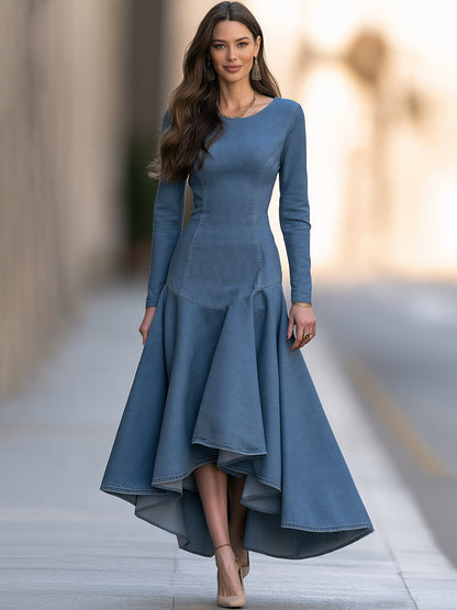 Elegant Blue Denim Long Sleeve Asymmetrical Ruffle Hem Midi Dress