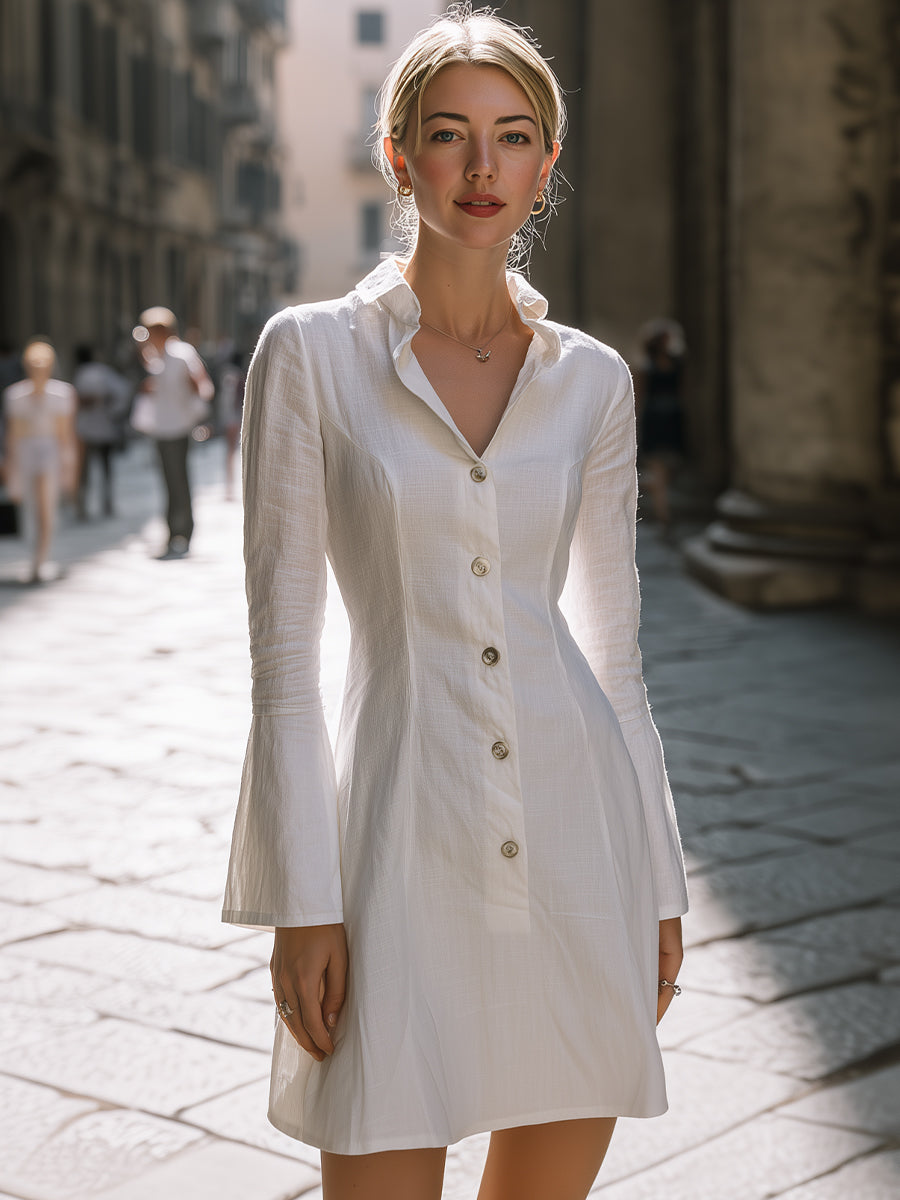 Vintage-Inspired Linen Blend Mini Shirt Dress With Flared Bell Sleeves