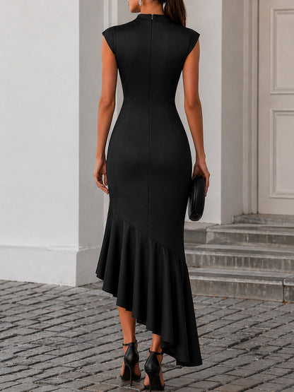 High-Neck Lace Panel Asymmetric Ruffle Maxi Dress