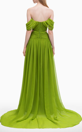 Pleated Chiffon Off-The-Shoulder Gown