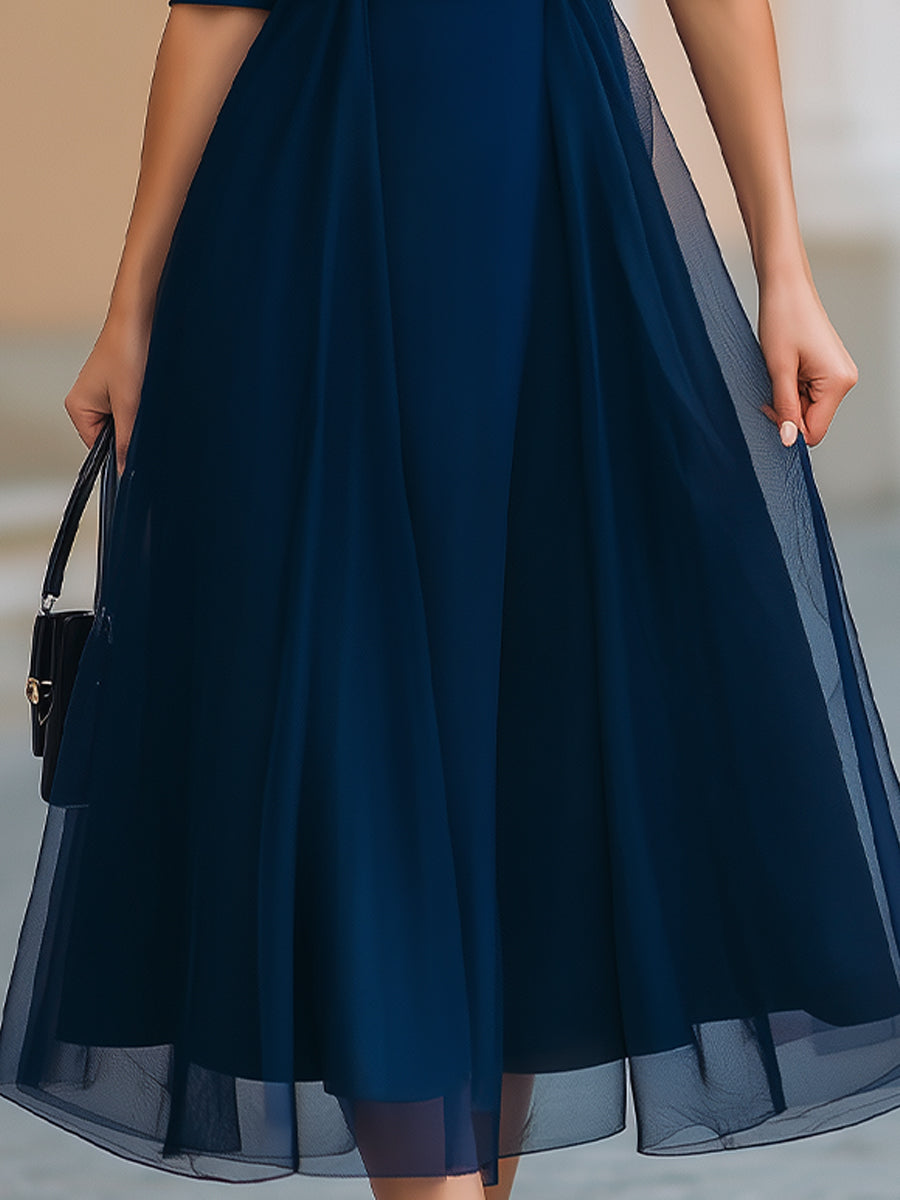 Navy Blue Sheer Overlay Fit-and-Flare Midi Dress